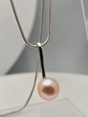 Pink Freshwater Pearl Necklace 20" Silver Plated Snake Chain Minimalist Bridal